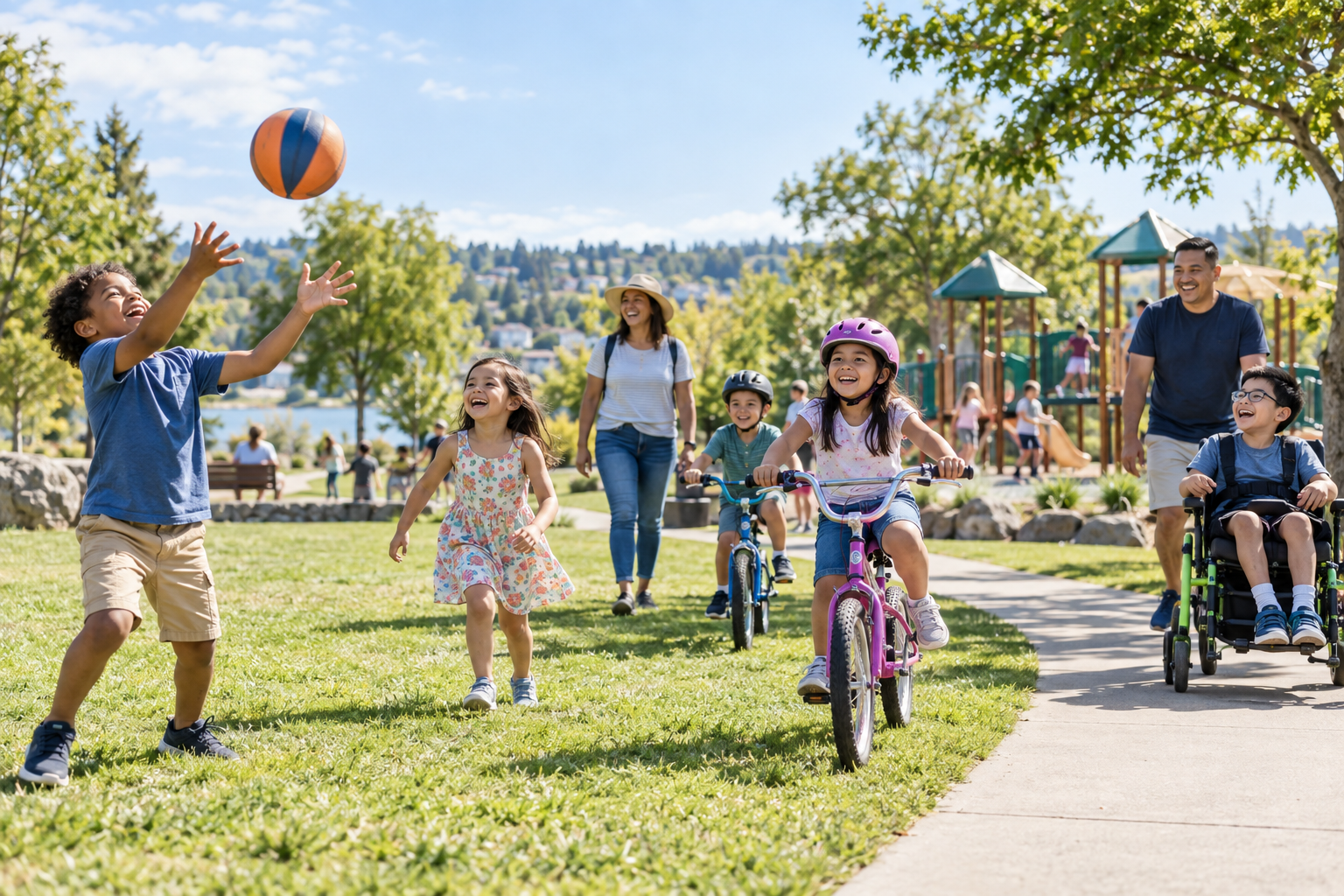 Children and adults enjoying ordinary play, biking, walking, and ball games in a sunny public park.